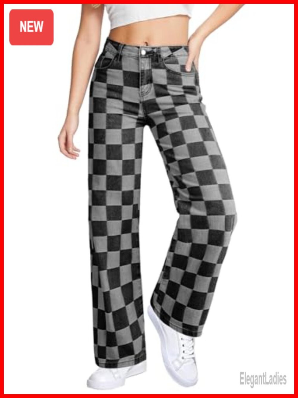 High Waisted Wide Leg Checkered Denim Jeans Stretchy Straight Leg Pants